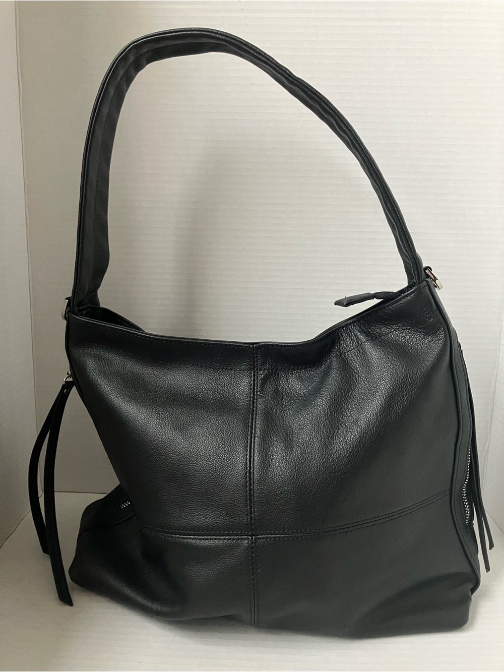 Morrilom Black Leather Shoulder Hobo Bag Silver Zippers 10x14 Handle Drop 10” CC